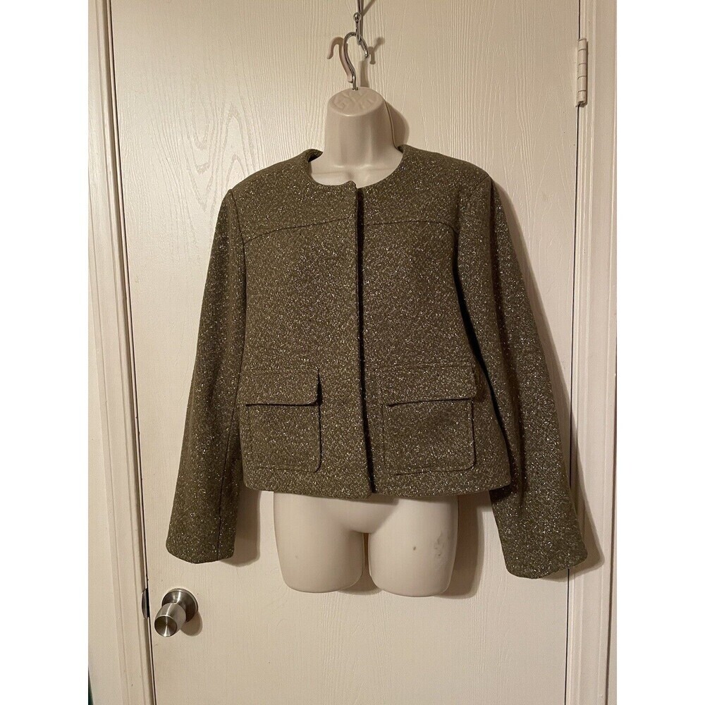 A New Day Blazer Jacket Womens 12 Green Gold Metallic Wool Blend Pockets Lined